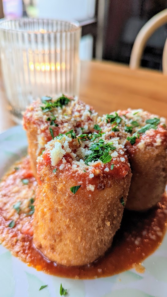 Dinner at Gabbiano's- Go to dinner as early as you can, because the people pleaser of the labor-intensive and popular fried mozzarella, here at Gabbiano's in the form of fried mozzarella shot glasses run out