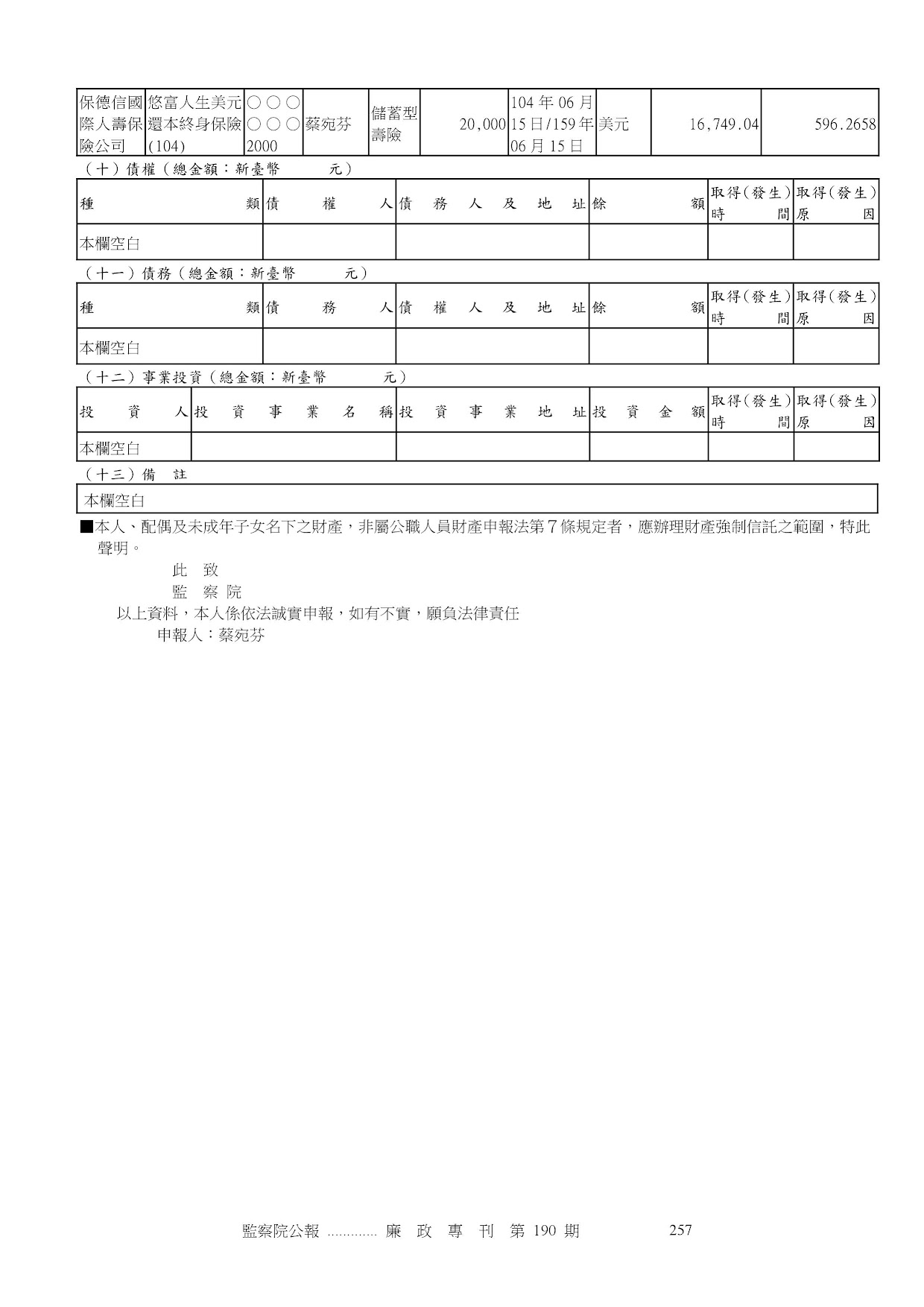 蔡宛芬-公職人員財產申報資料-廉政專刊第190期