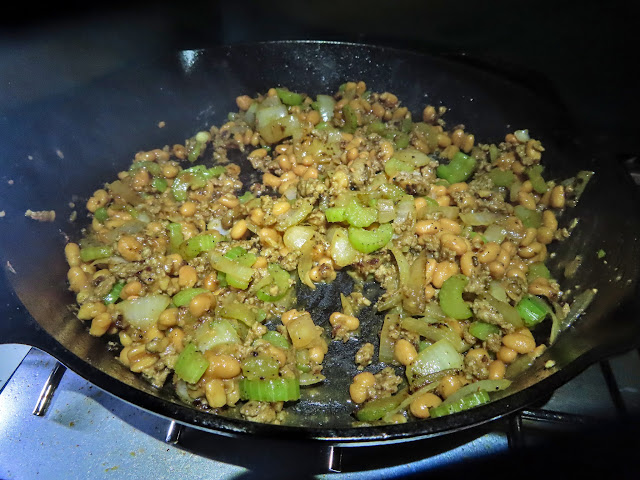 Pork and beans, ground beef, onions, and celery