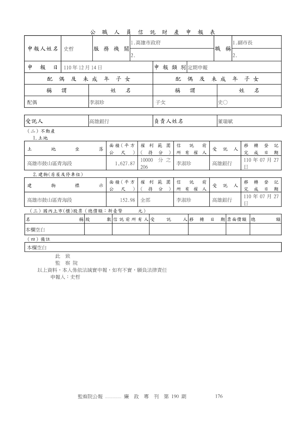 史　哲-公職人員財產申報資料-廉政專刊第190期