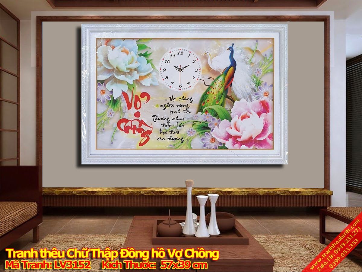 Tranh thêu chữ thập đồng hồ vợ chồng