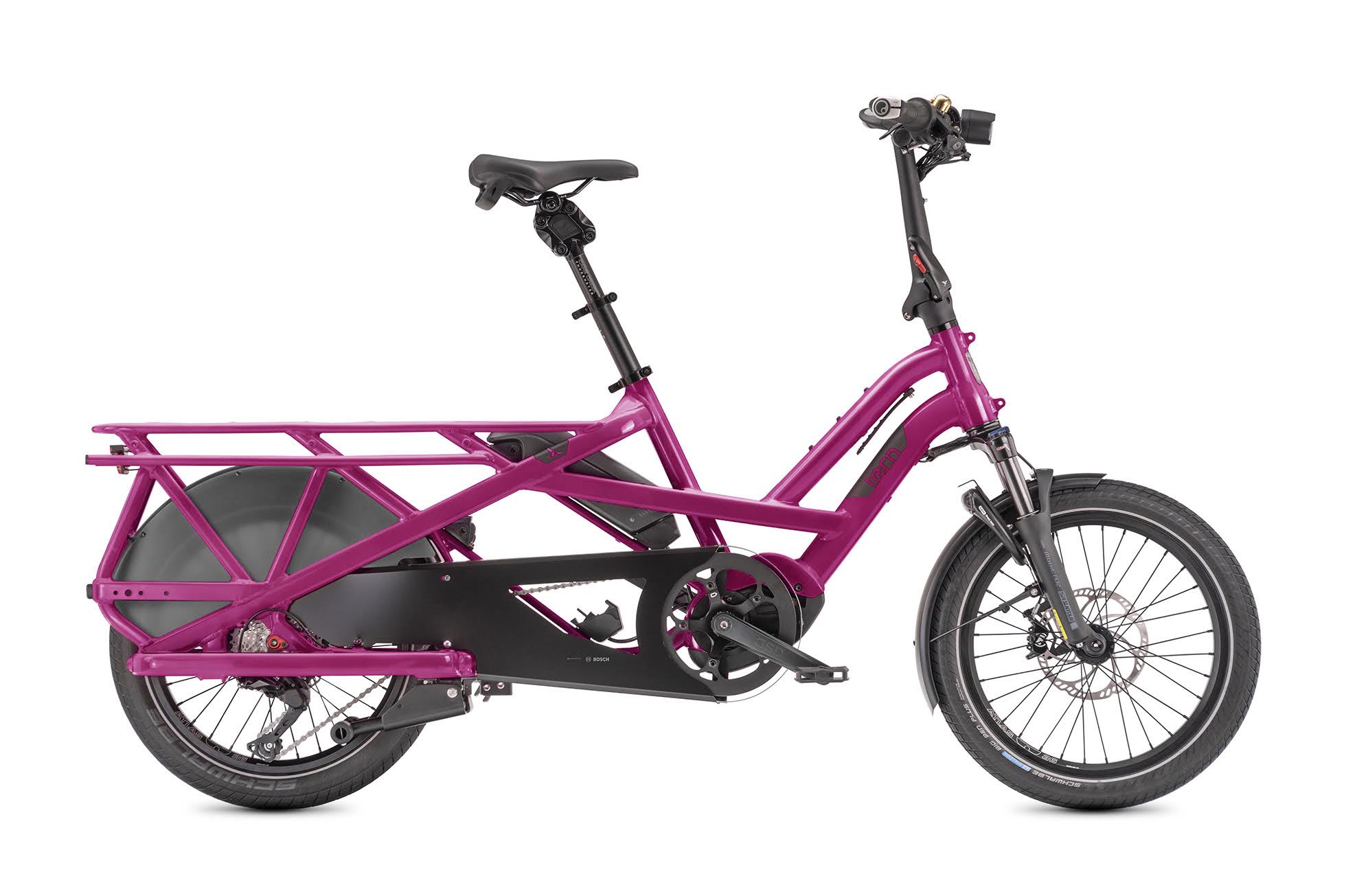 A profile view of the Dragonfruit pink/fuchsia colour of the Tern GSD longtail e-bike.