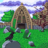 Animated pixel art painting of a church in ruins