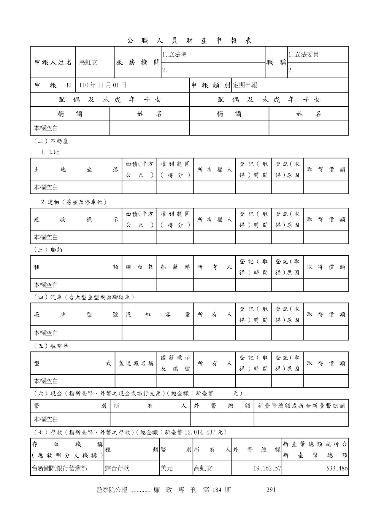 高虹安-公職人員財產申報資料-廉政專刊第184期