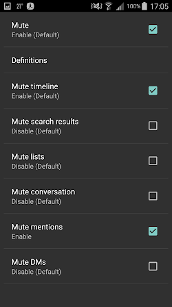 Specific mute settings, which control in which app views the mute rules apply: timeline, search results, mentions, lists, conversations, etc.
