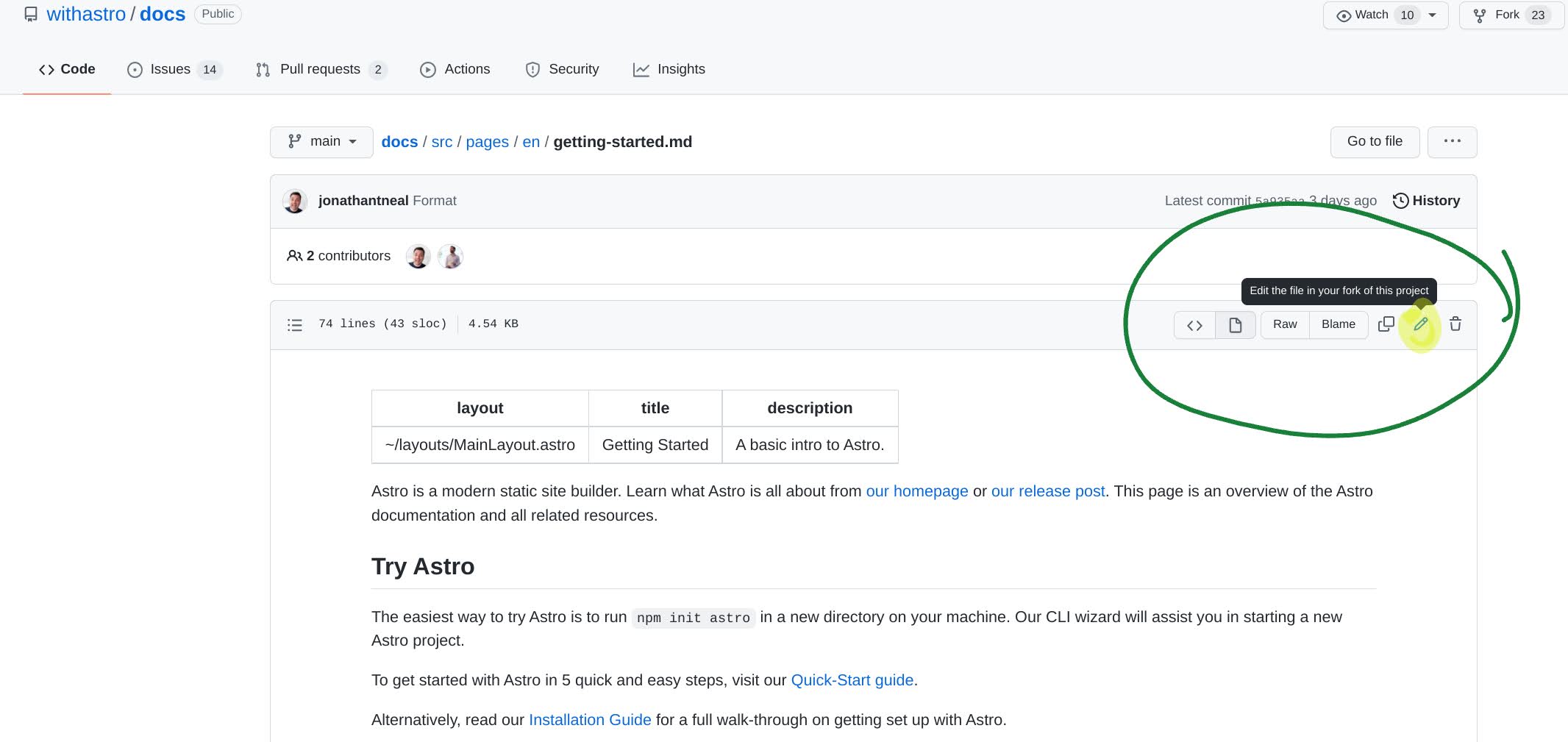 GitHub page, wit the pencil icon for editing the page highlighted, and hover text this file in your fork of the project.