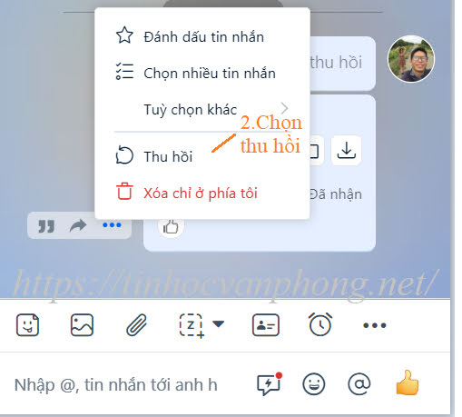 Menu thu hồi tin nhắn