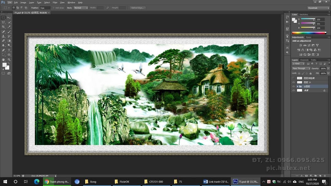File Tranh Thác Nước Làng Quê 75 - file gốc tranh phong cảnh in deco lụa kính 3D canvas