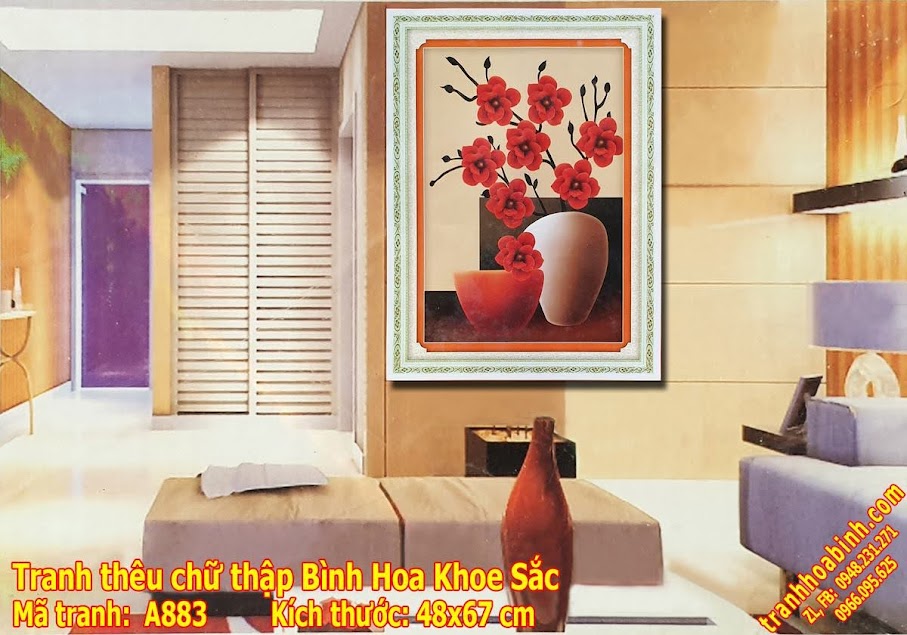 Tranh thêu chữ thập Bình Hoa Khoe Sắc