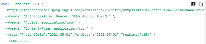 Google Search Console API > Try this API curl