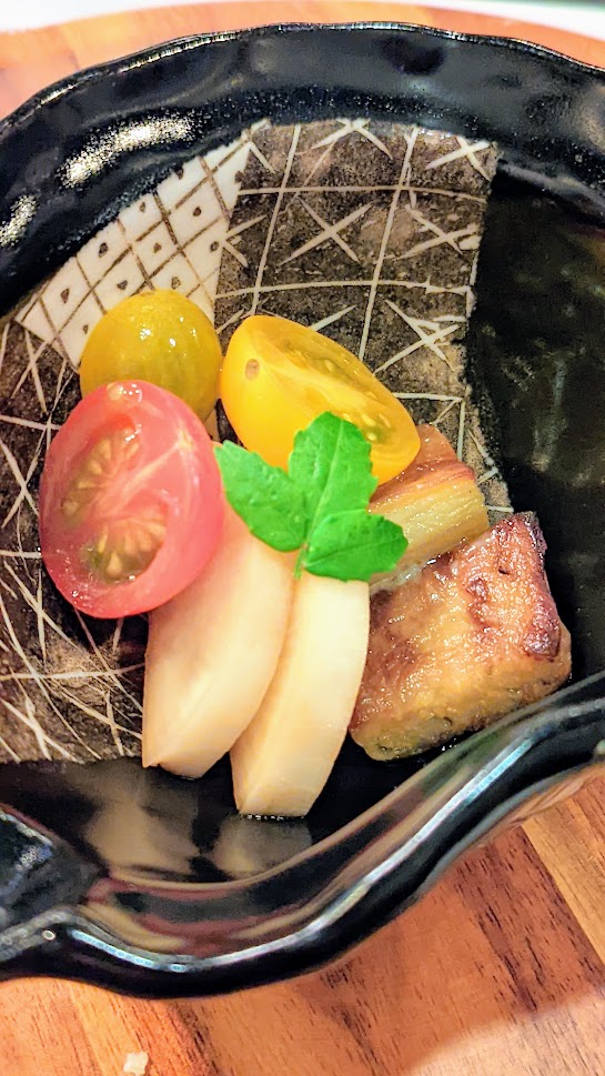 Nodoguro popup themed Izakaya in the Canaries, Seared Eggplant and tomato salad with herb miso