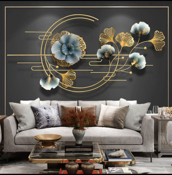 Iron Wall Mounted Golden Line Circle With Grey & Golden Leaves 48 x 24 Inches