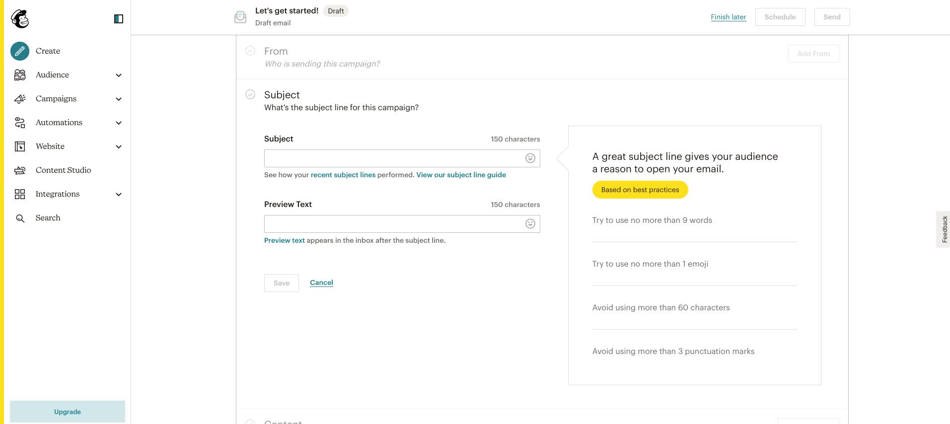 Mailchimp’s email campaign interface that shows the Subject section, where the subject line and preview text can be adjusted.