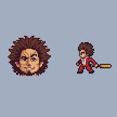 Pixel art sprite and portrait of a male with a bad perm
