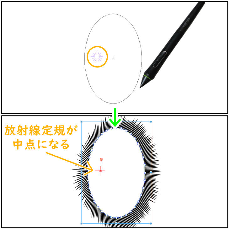 クリスタのフラッシュツール（放射線定規を中点に用いる）