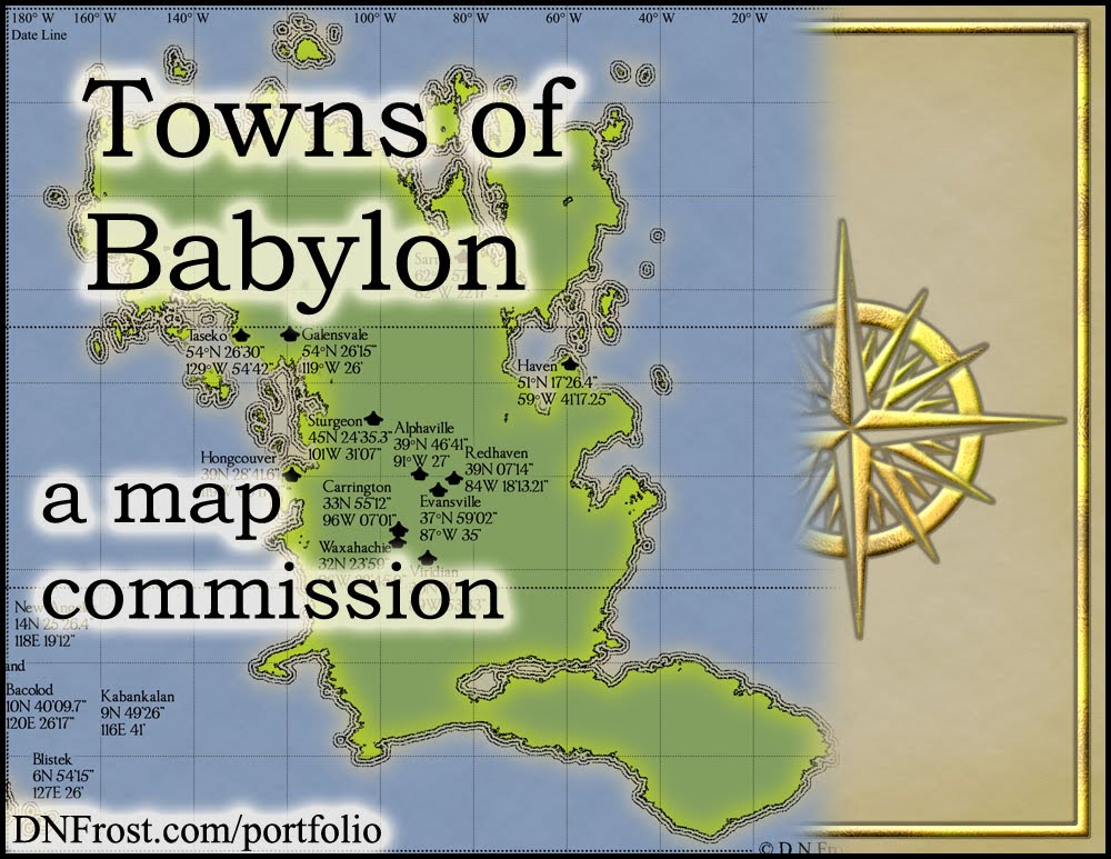 Towns of Babylon: plotting town coordinates for science-fiction writer Stephen Everett www.DNFrost.com/portfolio A map commission by D.N.Frost @DNFrost13 Part 3 of a series.