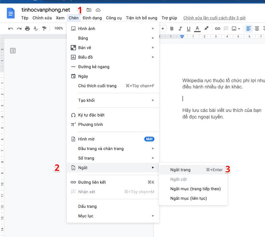 thêm trang mới trong google doc