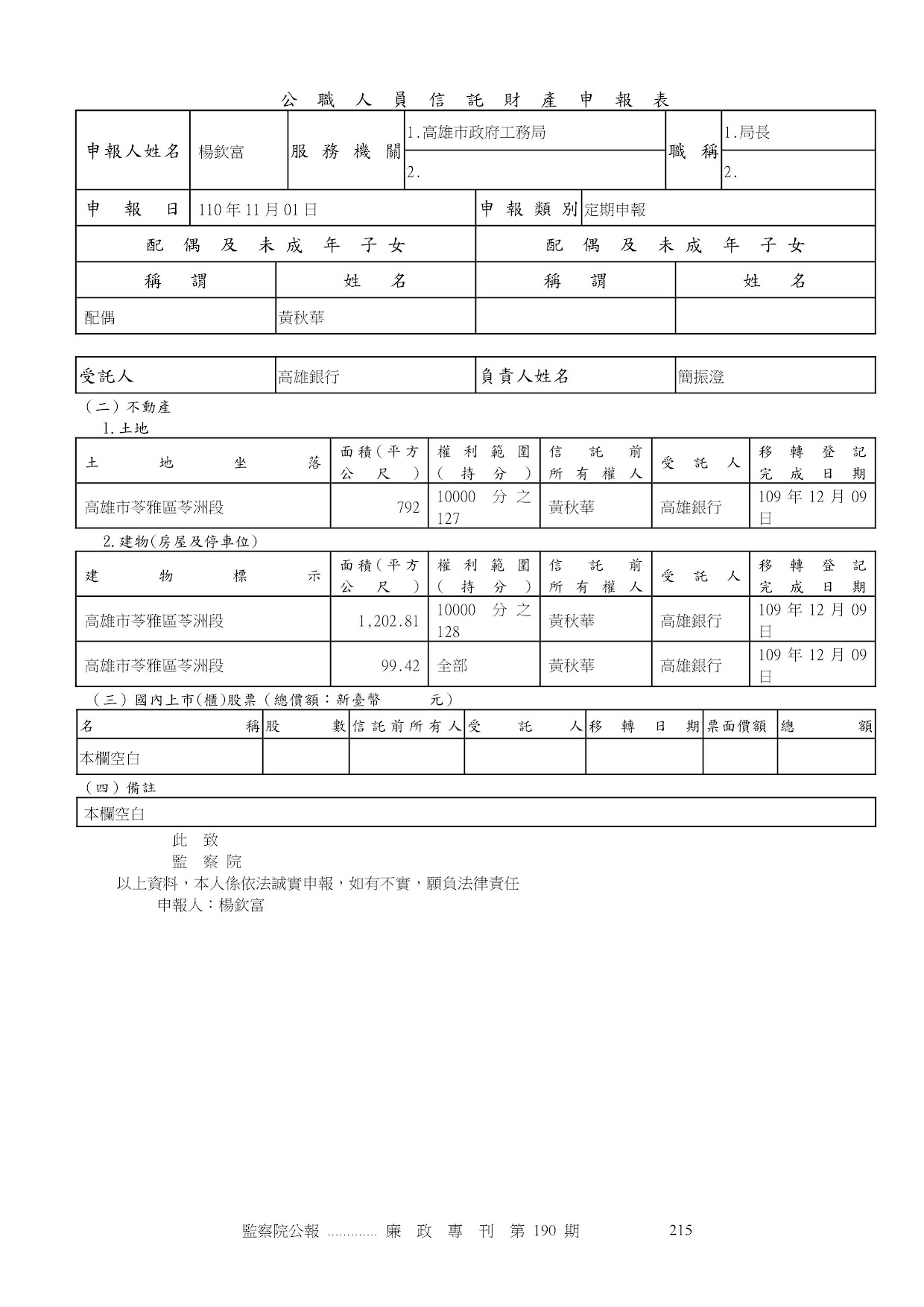 楊欽富-公職人員財產申報資料-廉政專刊第190期