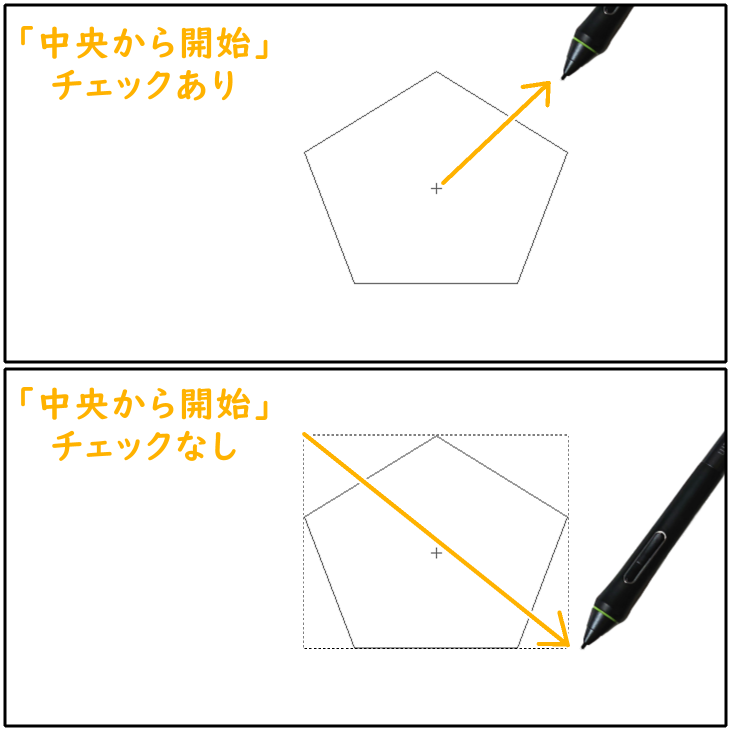 クリスタ図形定規「中央から開始」チェックあり・なしの違い