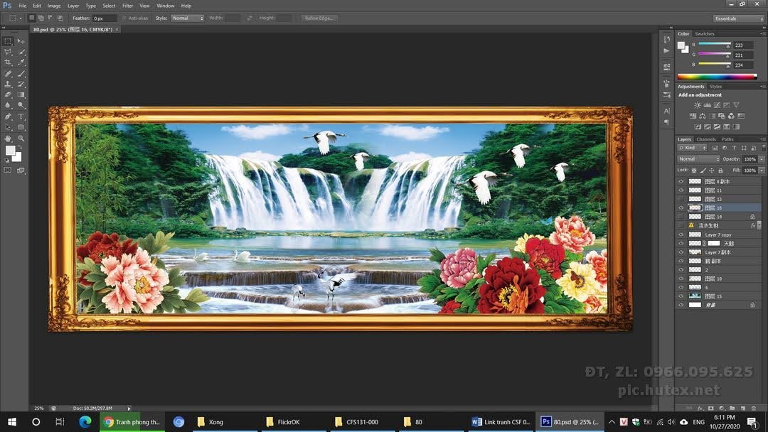 File Tranh Thác Nước Phong Thủy 80 - file gốc tranh phong cảnh in deco lụa kính 3D canvas