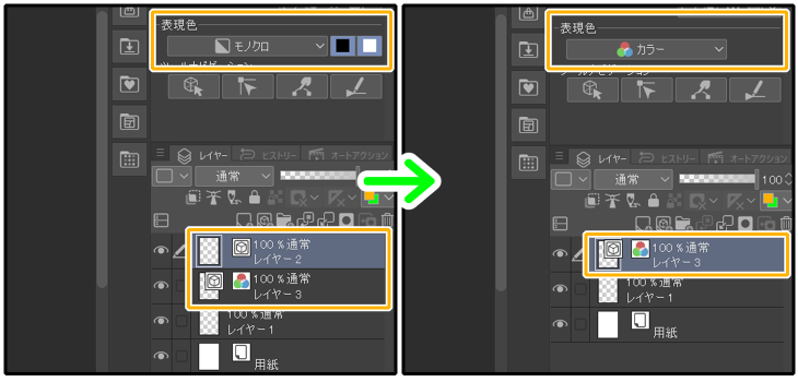 クリスタの結合による表現色の変化