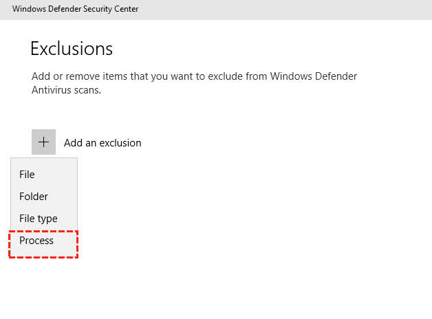 If you can't find the Exclude a .exe, .com or .scr process option, click the plus sign (+) to add an exclusion. Choose the Process option.