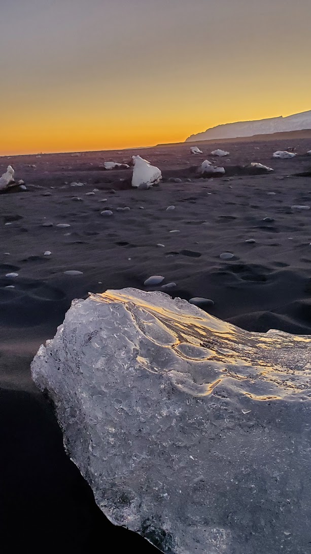 Glaciers and Diamond Beach: In the southeast coast of Iceland you can find the famous Diamond Beach, where icebergs from Jökulsárlón Glacier Lagoon have been polished to translucence by the ocean waves so they look almost like diamonds, then wash ashore on the black sand beach