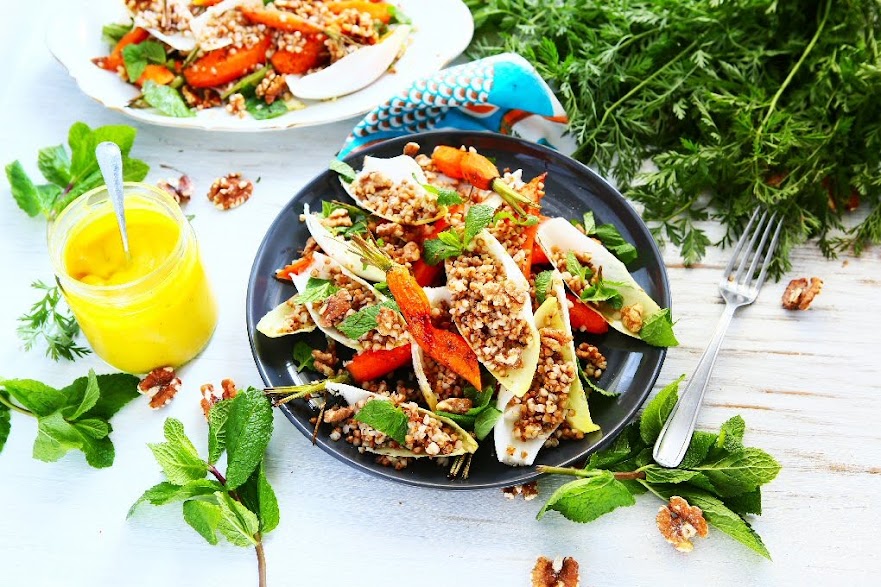 Roasted Carrot Buckwheat Salad with Belgian Endive and Orange Honey Dressing