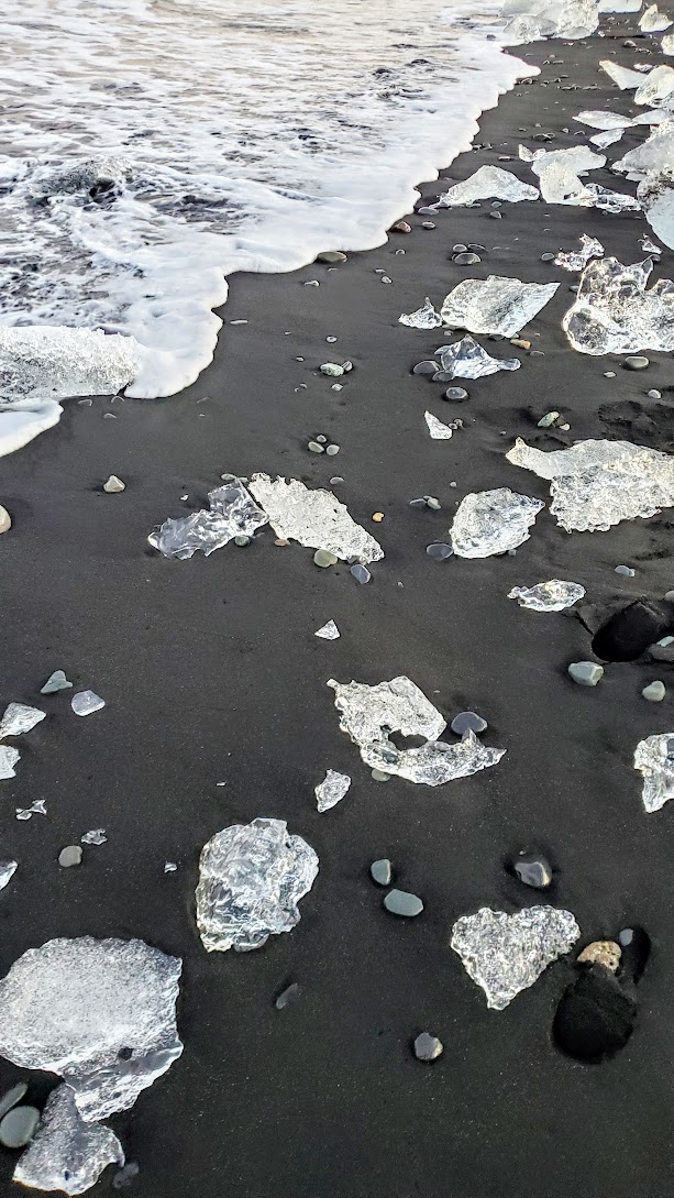 Glaciers and Diamond Beach: In the southeast coast of Iceland you can find the famous Diamond Beach, where icebergs from Jökulsárlón Glacier Lagoon have been polished to translucence by the ocean waves so they look almost like diamonds, then wash ashore on the black sand beach