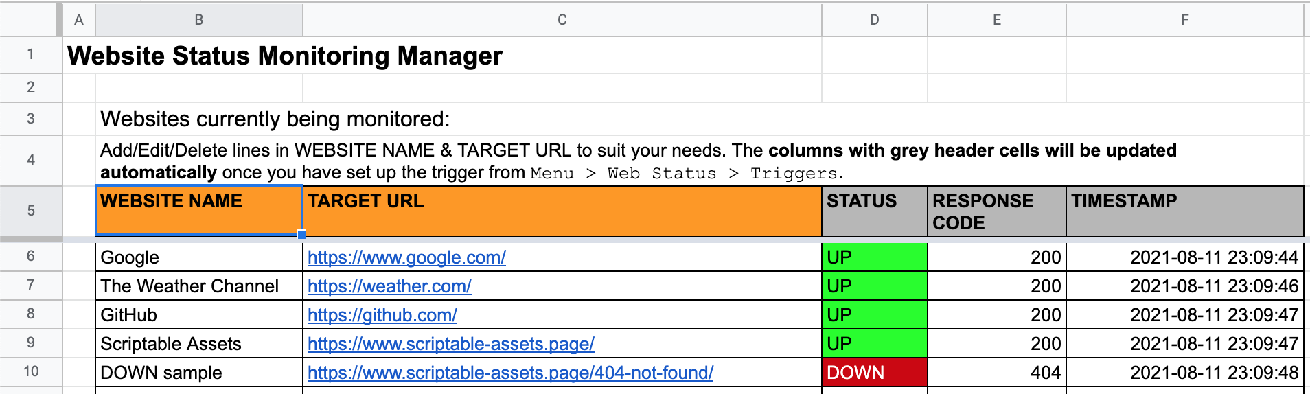 Screenshot of the dashboard worksheet in the Website Status Monitoring managing spreadsheet