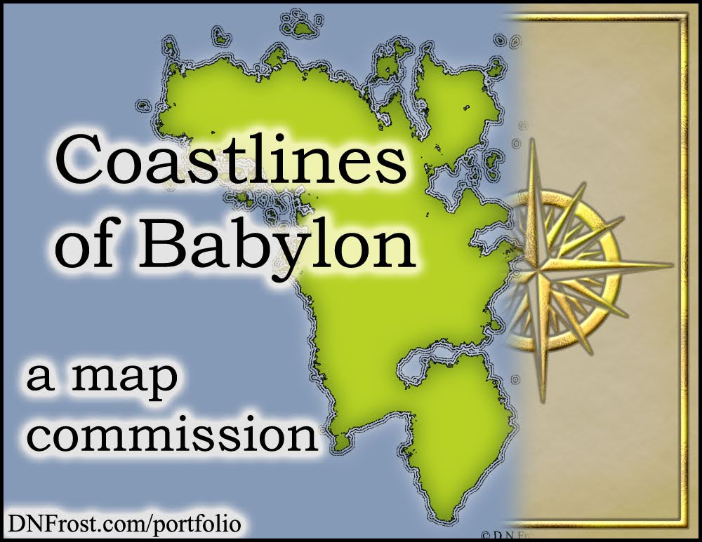 Coastlines of Babylon: sculpting the continents and important latitudes for science-fiction writer Stephen Everett www.DNFrost.com/portfolio A map commission by D.N.Frost @DNFrost13 Part 2 of a series.