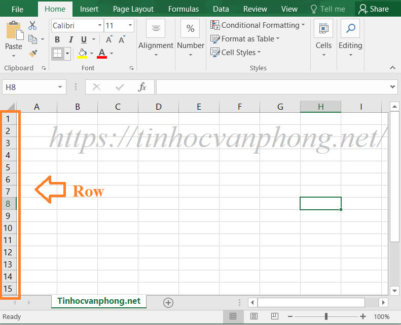 Vị trí row trong bảng tính excel