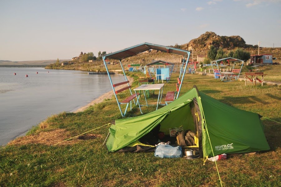 Camping on the shore of Lake Sevan armenia