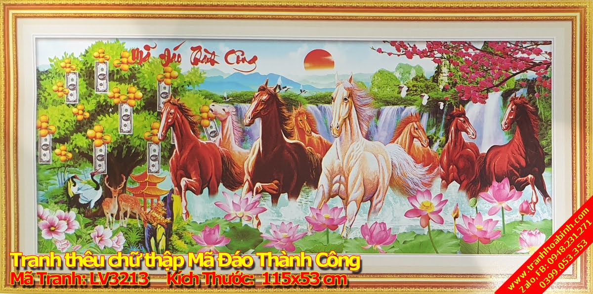 Tranh thêu chữ thập Mã đáo thành công - Bát Mã Truy Phong