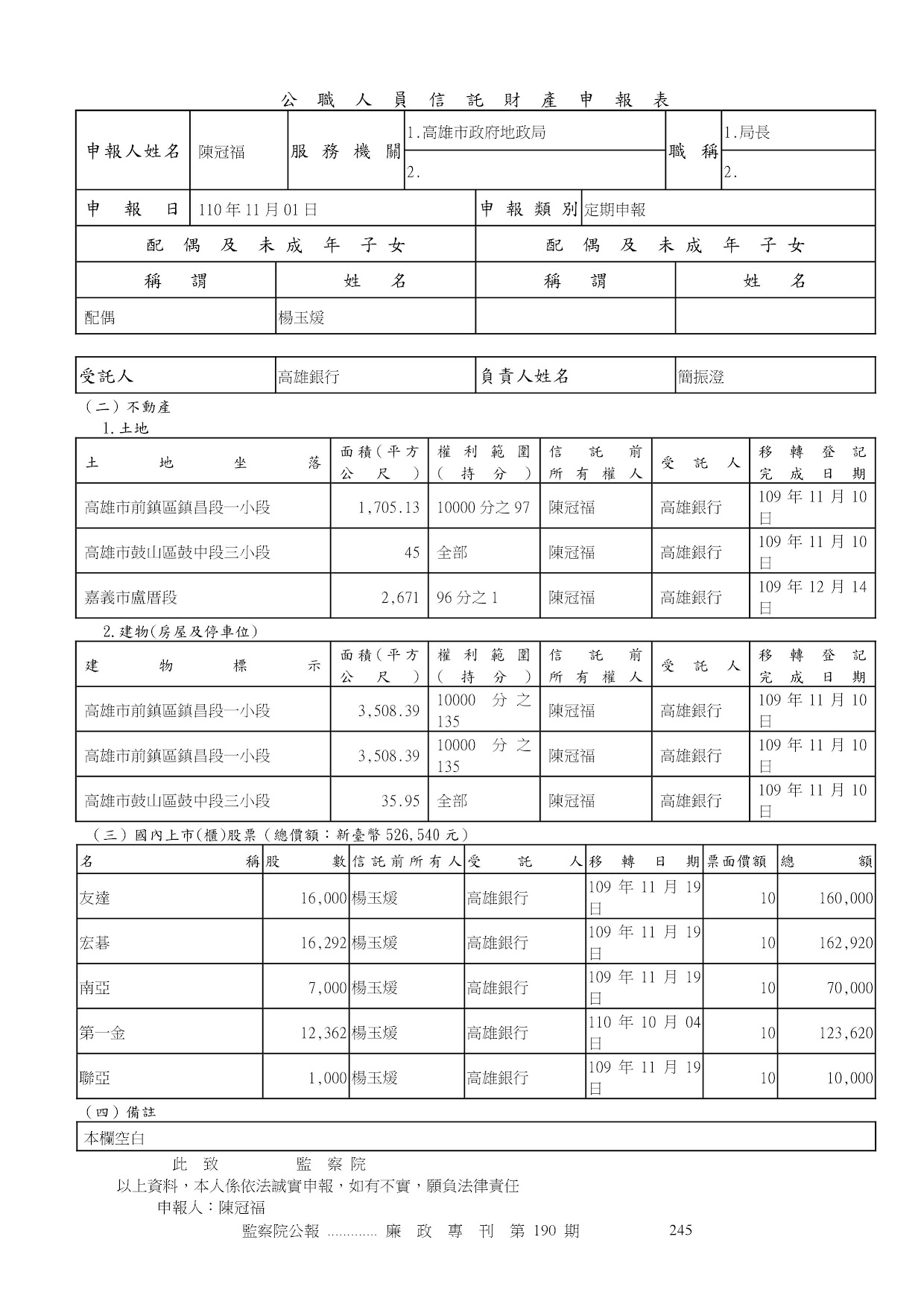 陳冠福-公職人員財產申報資料-廉政專刊第190期