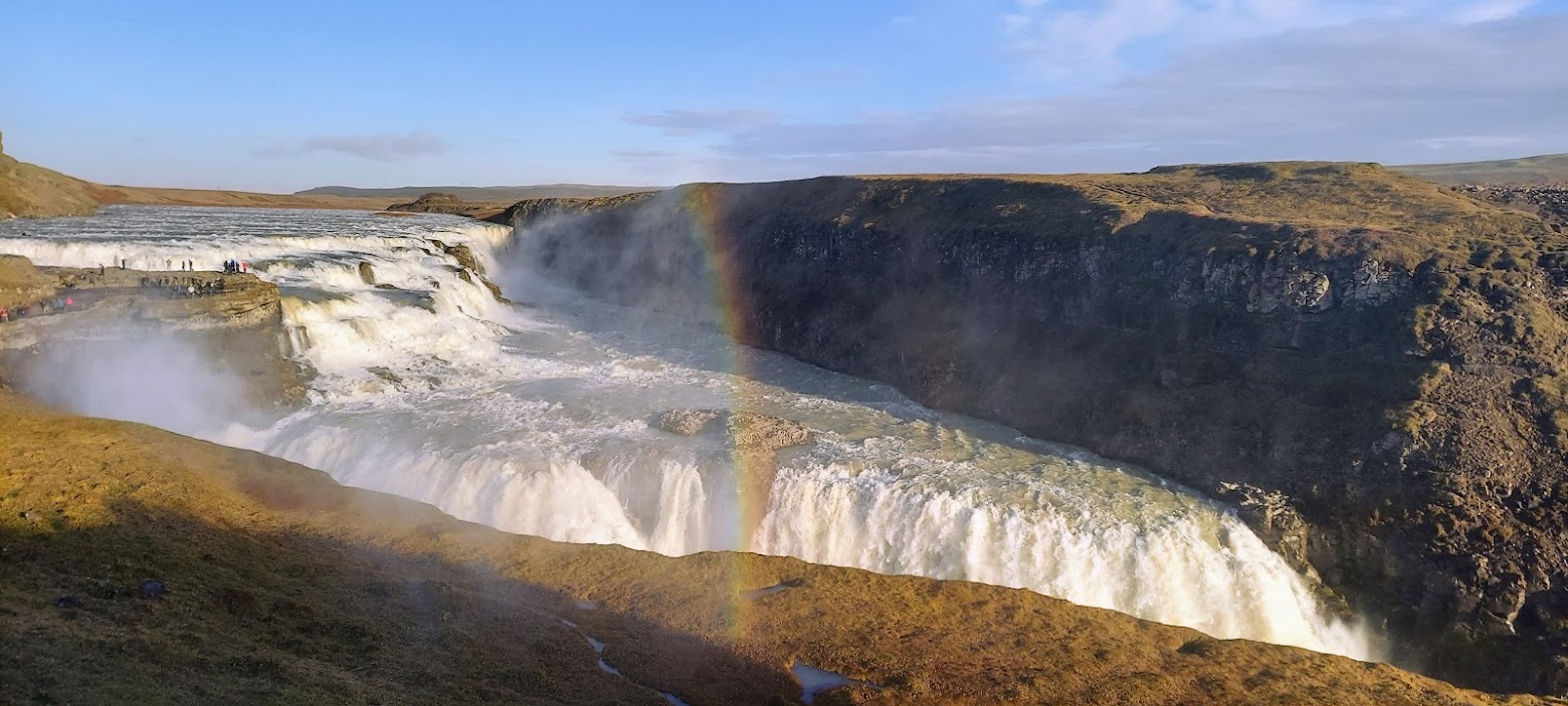 Golden Circle Highlights, Iceland: Gullfoss, or Golden Falls, unique as the waterfall plunges into a gorge so it seems to disappear into the earth