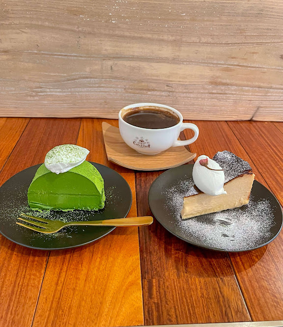 抹茶テリーヌと桜のバスクチーズケーキ、コーヒー