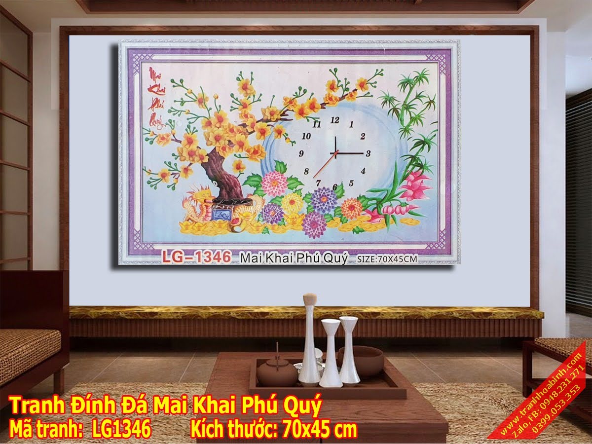 Tranh đính đá Mai Khai Phú Quý - Đồng Hồ Hoa Mai