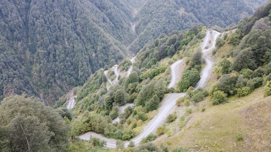 Crazily snaking section of the tusheti road in georgia