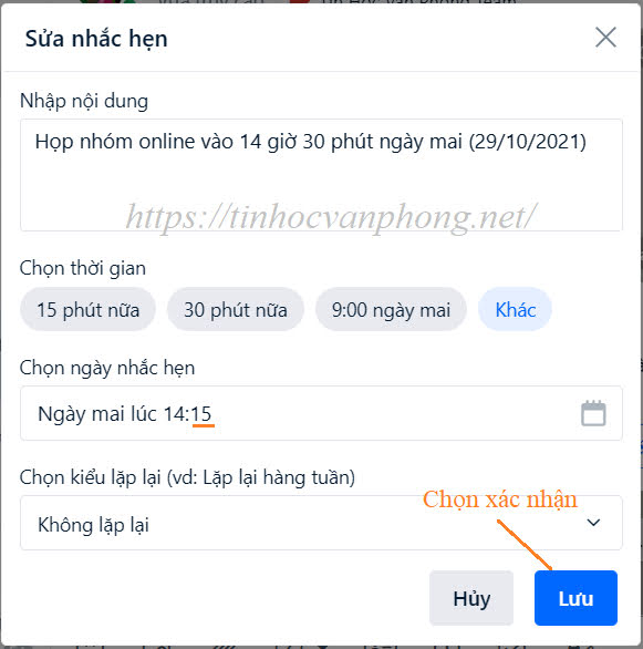 Thông đổi nội dung nhắc hẹn