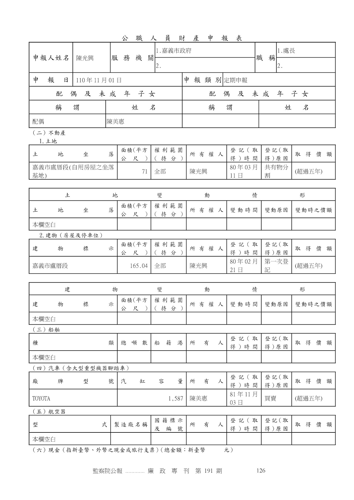 陳光興-公職人員財產申報資料-廉政專刊第191期