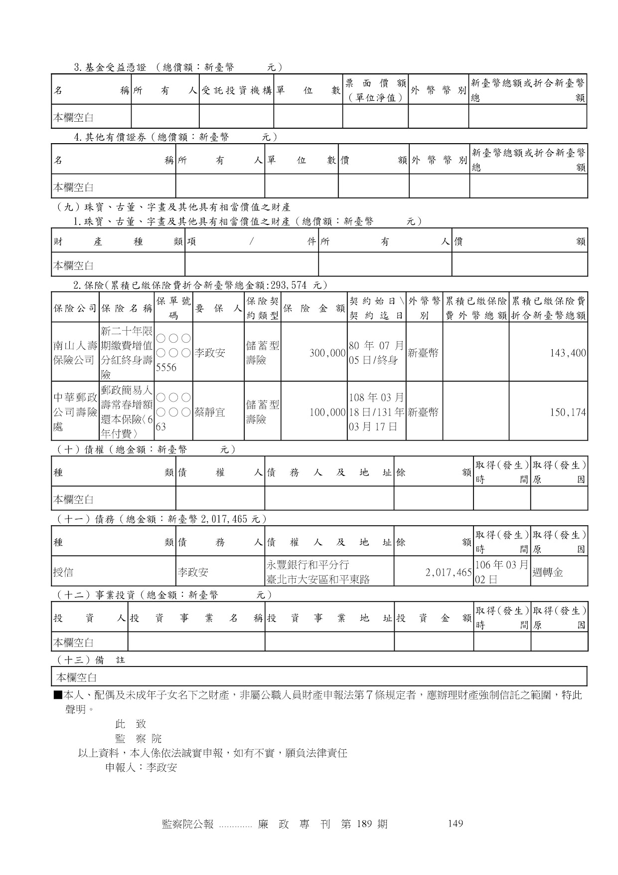 李政安-公職人員財產申報資料-廉政專刊第189期