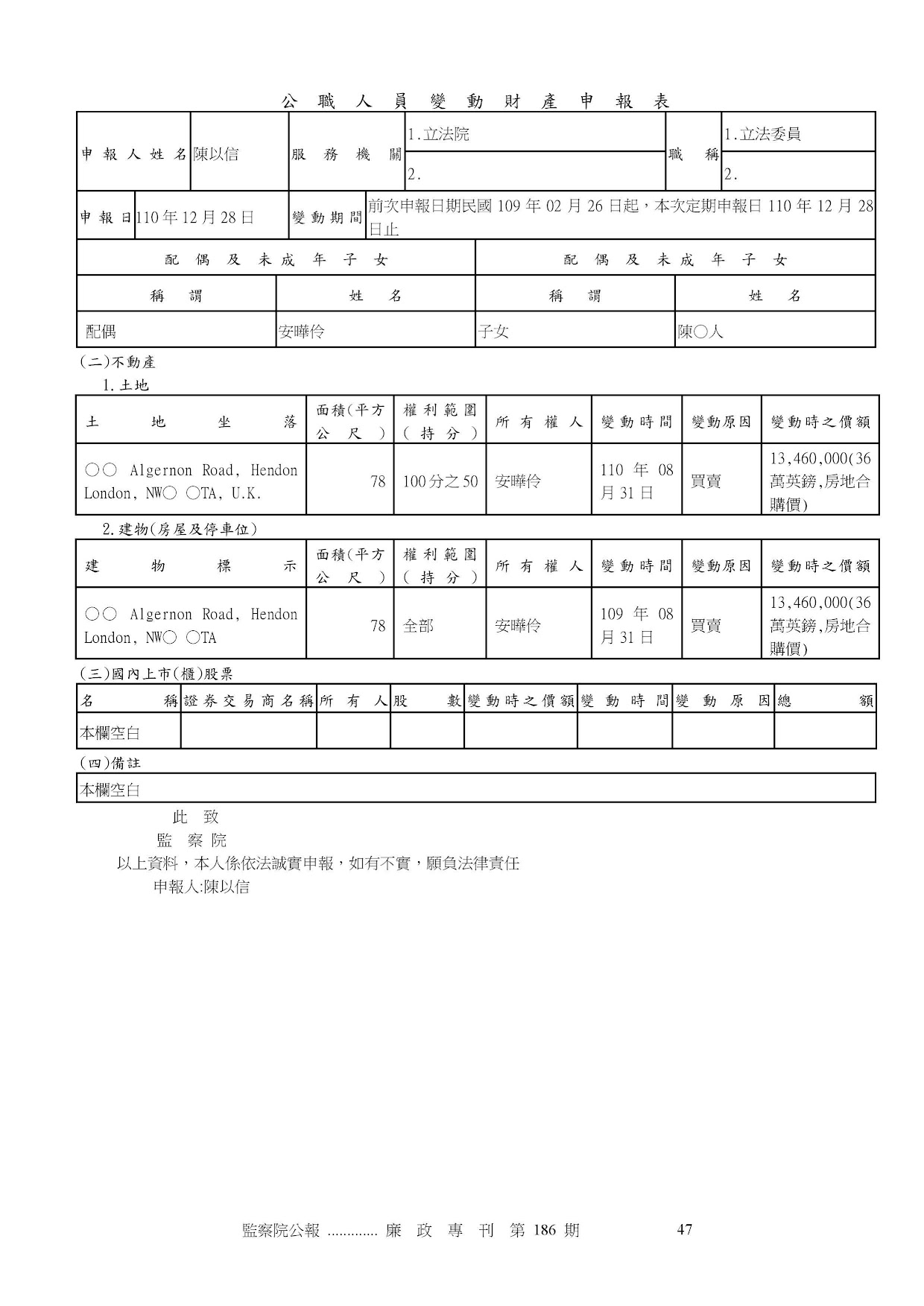 陳以信-公職人員財產申報資料-廉政專刊第186期