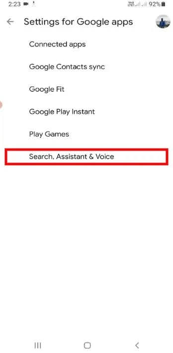 Select the Search, Assistant & Voice option to manage the Google Speech Services app.