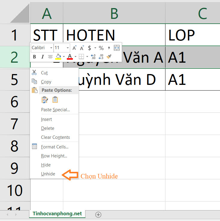 Chọn Unhide để hiện hàng ẩn