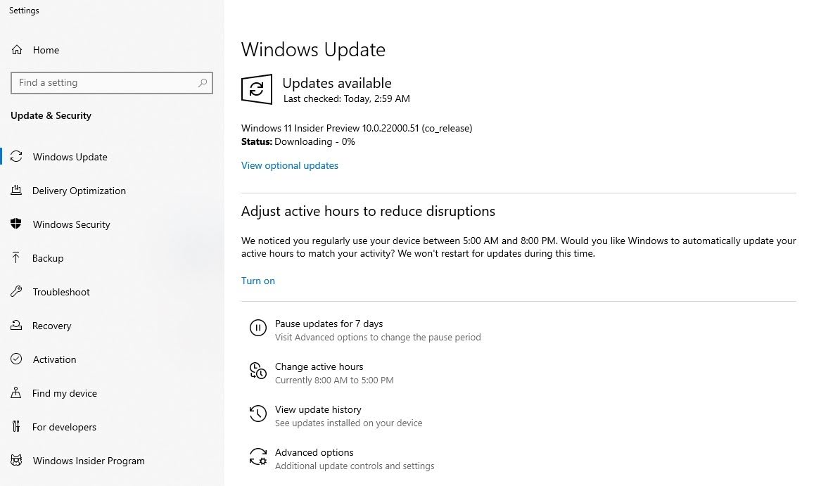 Click the Check for updates button. You should see the Windows 11 Insider Preview start to download.