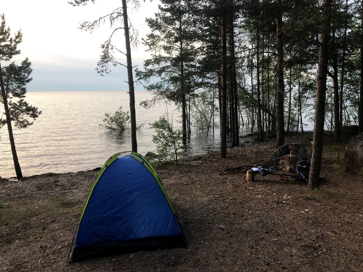 camping at ladoga lake shore in russia 