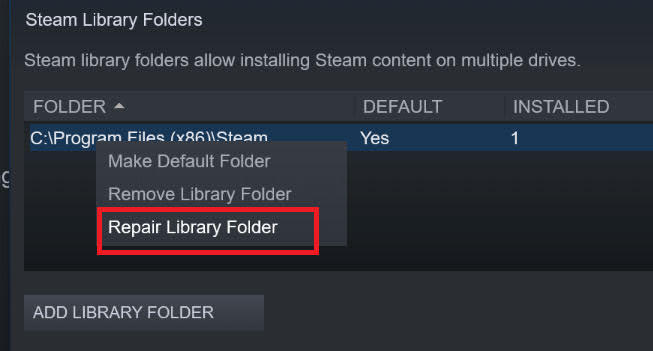 Right-click on the Library Folder path and select the Repair Library Folder option from the context menu.