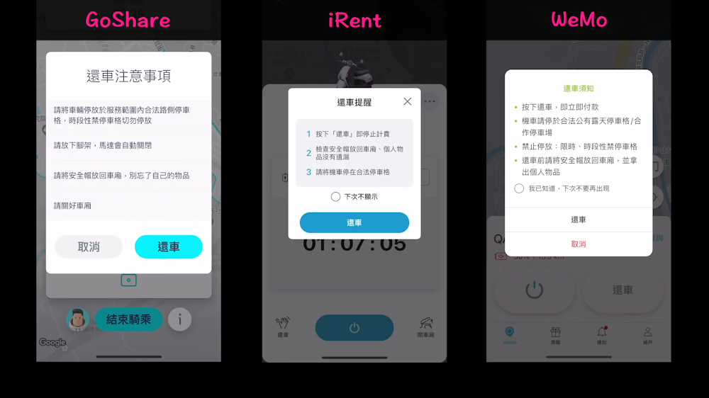 iRent GoShare WeMo 還車注意事項、還車須知、還車提醒