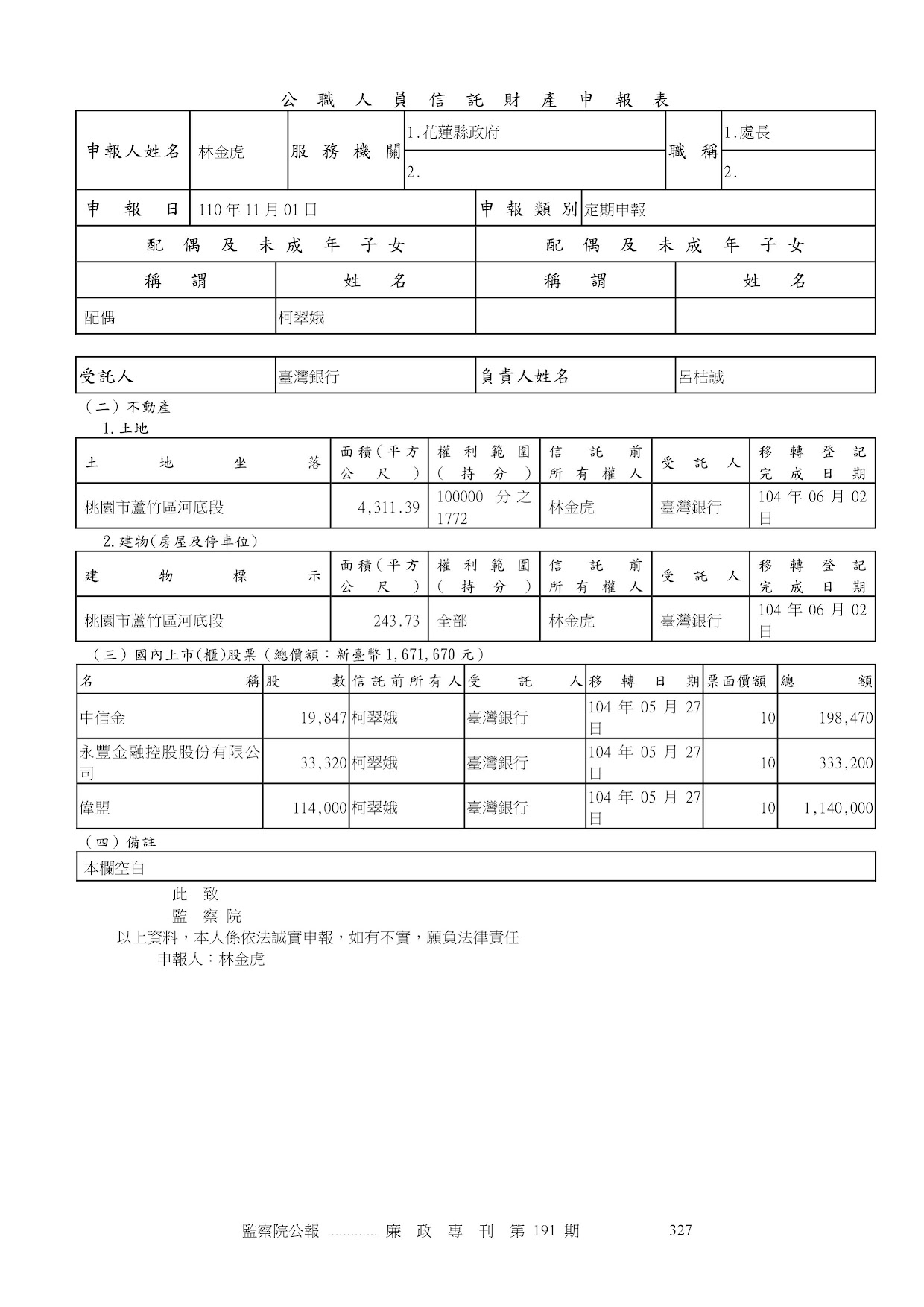 林金虎-公職人員財產申報資料-廉政專刊第191期